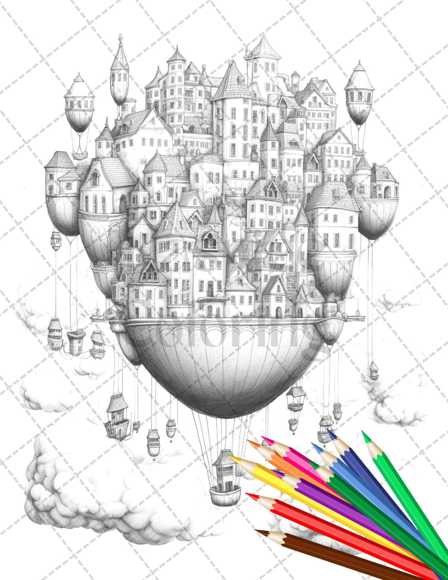 40 Fantasy Sky Houses Grayscale Coloring Pages Printable for Adults, PDF File Instant Download