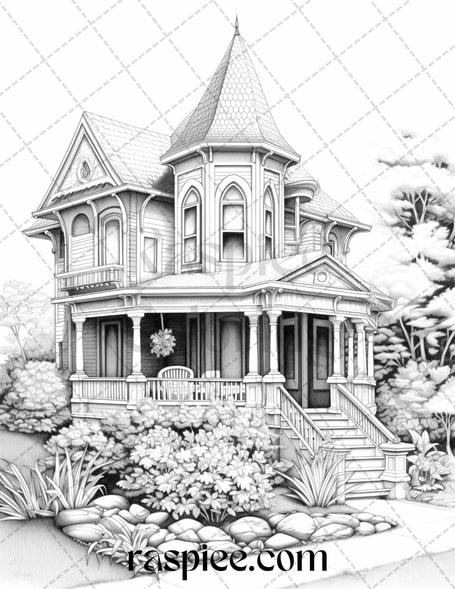 40 Victorian Houses Grayscale Coloring Pages Printable for Adults, PDF File Instant Download