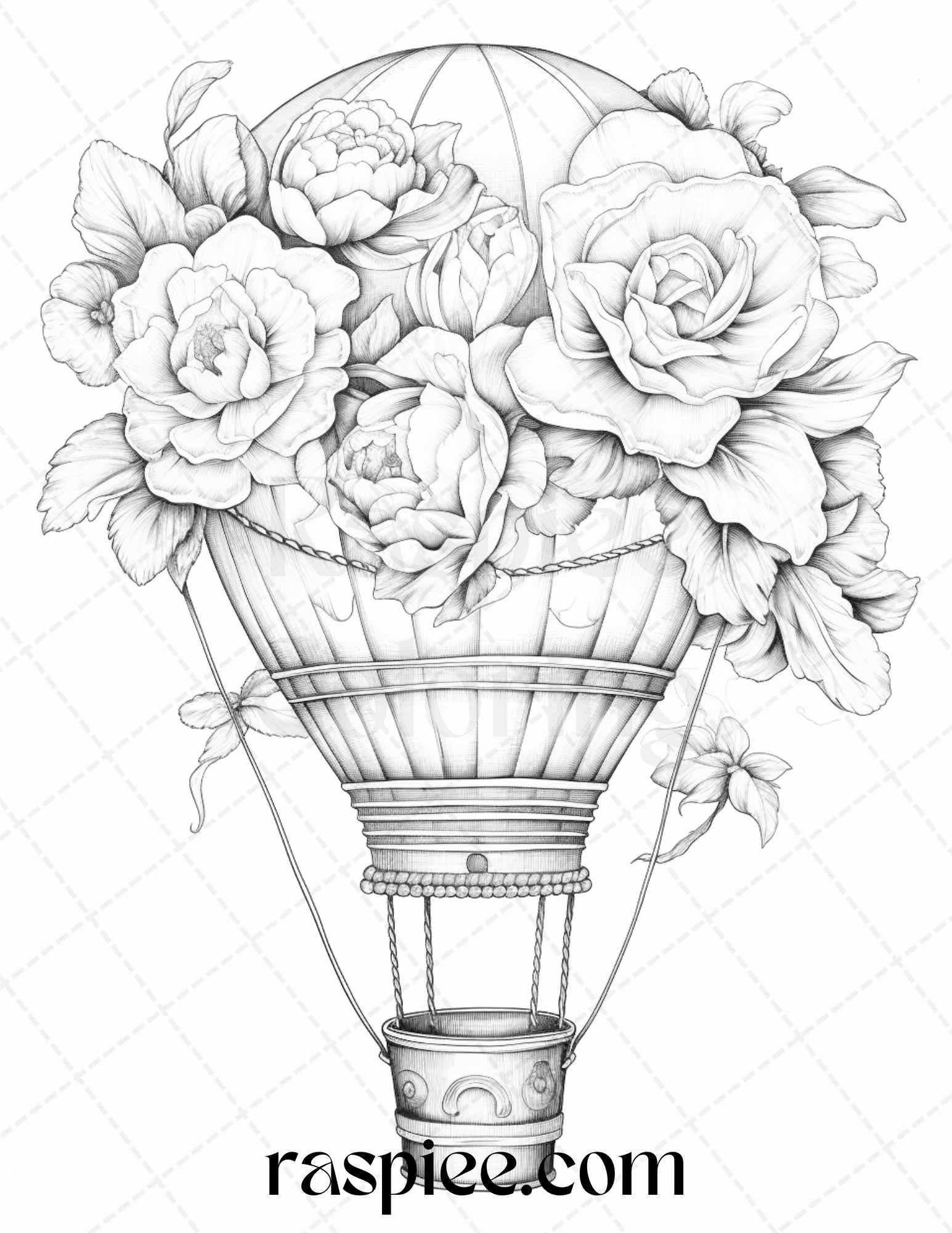 42 Flower Hot Air Balloons Grayscale Coloring Pages Printable for Adults, PDF File Instant Download