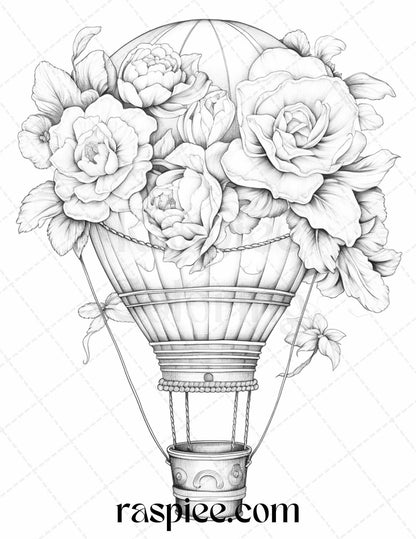 42 Flower Hot Air Balloons Grayscale Coloring Pages Printable for Adults, PDF File Instant Download