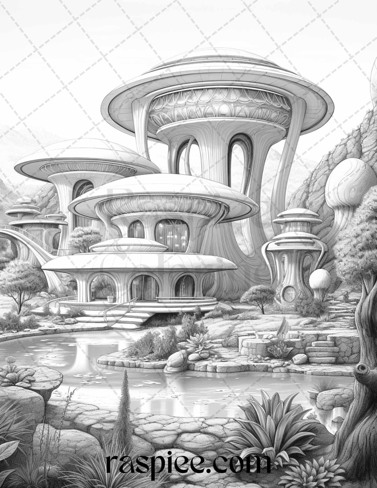 40 Alien Houses Grayscale Coloring Pages for Adults, Printable PDF File Instant Download