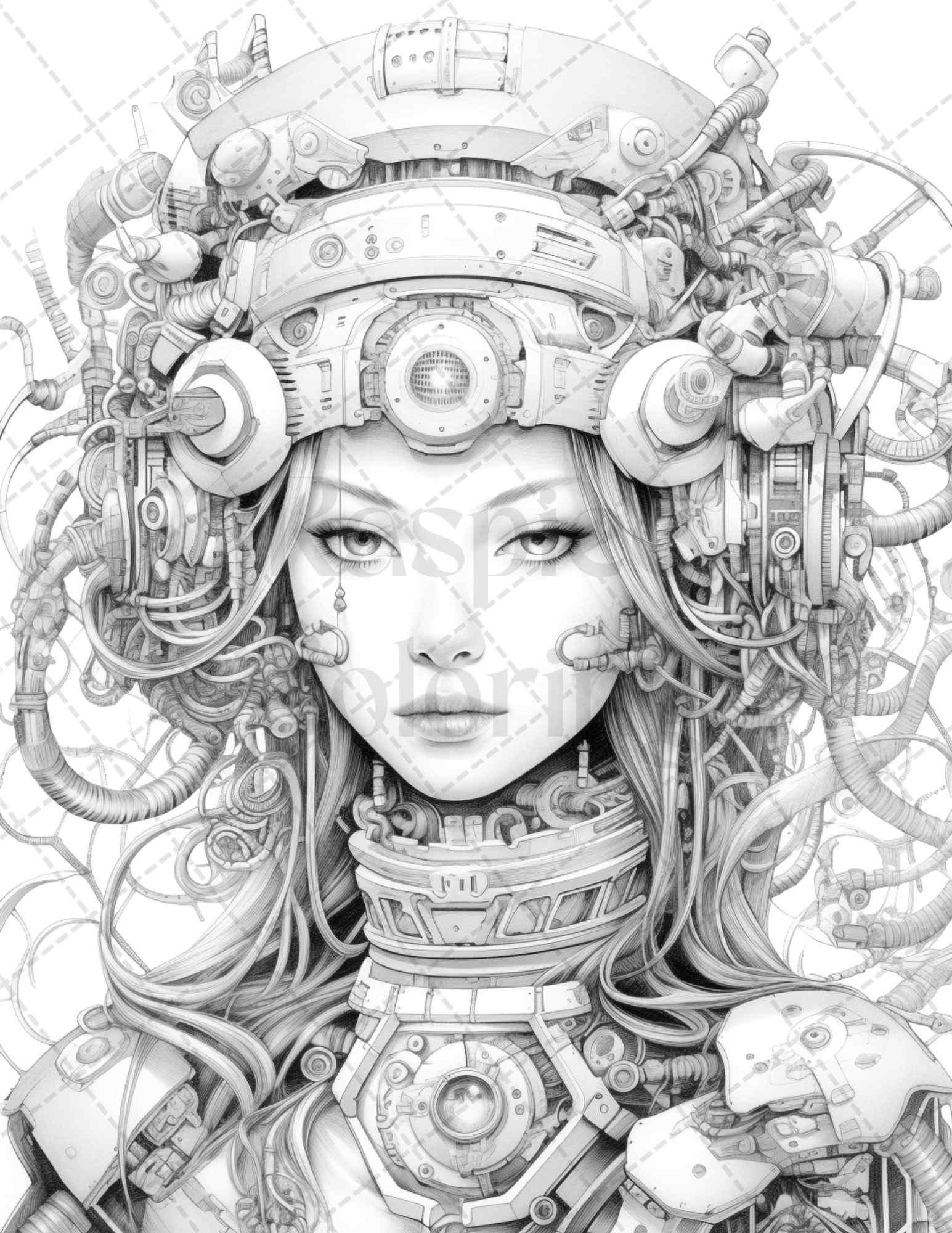 40 Beautiful Cyborg Girls Grayscale Coloring Pages Printable for Adults, PDF File Instant Download