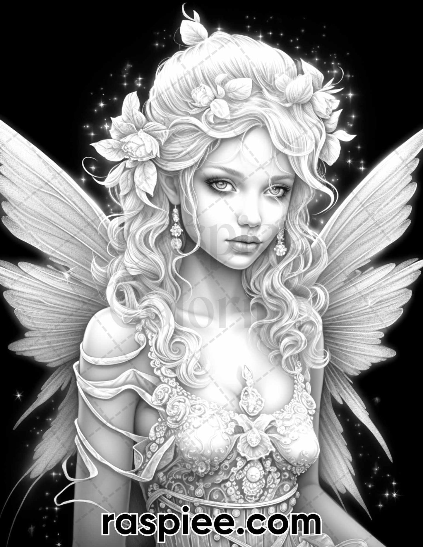 50 Starlight Fairy Grayscale Coloring Pages for Adults, Printable PDF File Instant Download