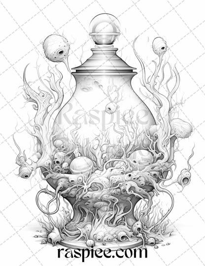 40 Mystical Magic Potions Grayscale Coloring Pages Printable for Adults, PDF File Instant Download