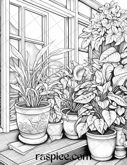 40 Window Plants Grayscale Coloring Pages Printable for Adults, PDF File Instant Download