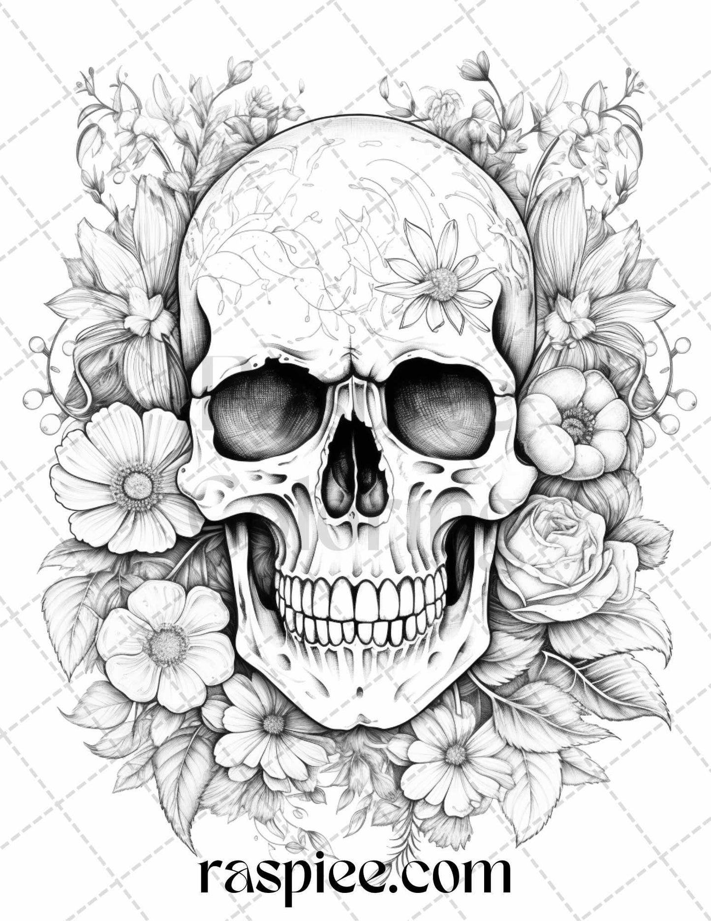 42 Floral Skull Grayscale Coloring Pages for Adults, Stress Relief Coloring Sheets, Printable PDF File Instant Download