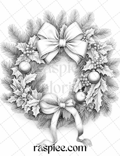 40 Christmas Wreath Grayscale Coloring Pages Printable for Adults, PDF File Instant Download