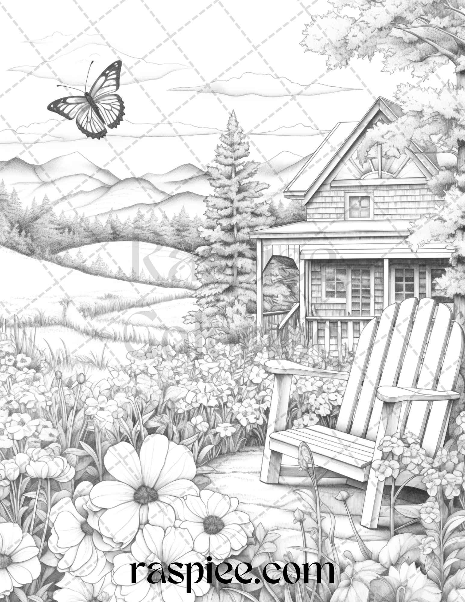 40 Farmstead Serenity Grayscale Coloring Pages Printable for Adults, PDF File Instant Download