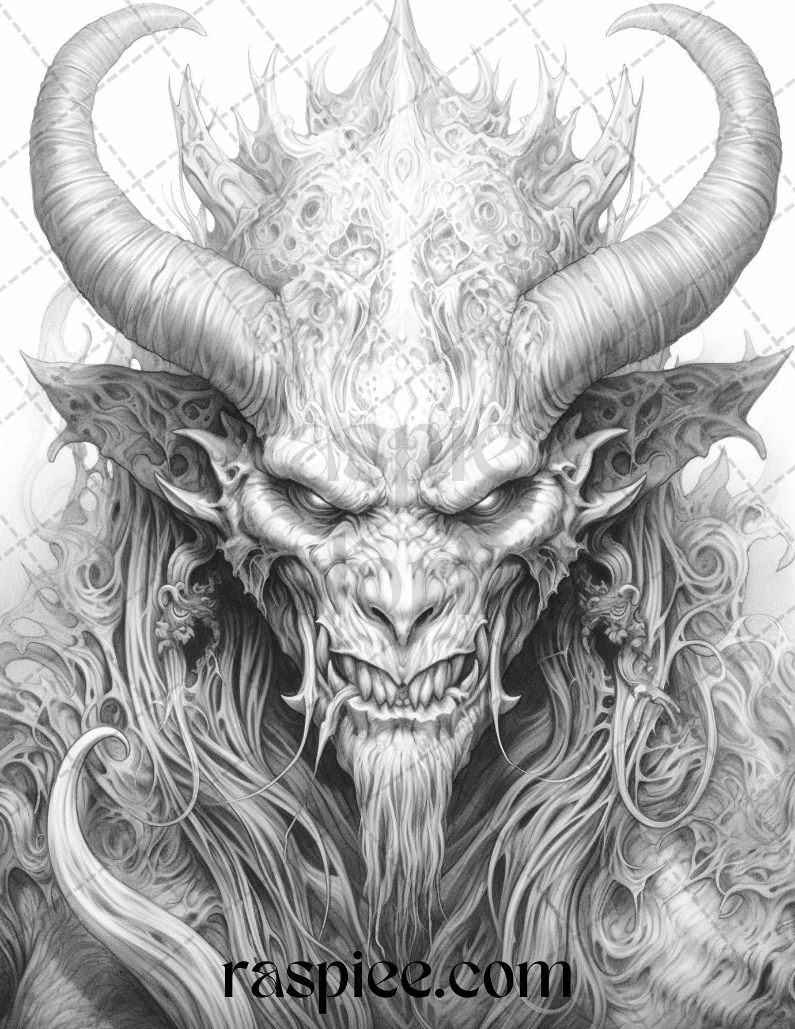 43 Fantasy Demons Grayscale Coloring Pages for Adults, Printable PDF File Instant Download