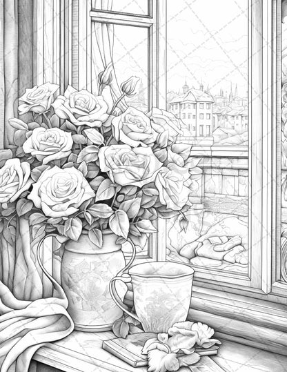 40 Captivating Roses Grayscale Coloring Pages Printable for Adults, PDF File Instant Download