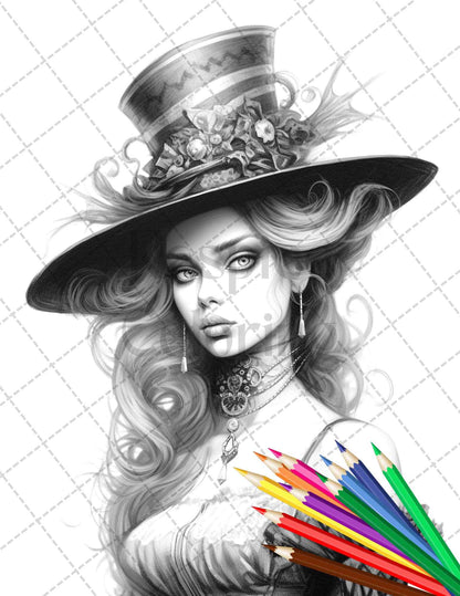 40 Beautiful Gothic Girls Grayscale Coloring Pages Printable for Adults, PDF File Instant Download