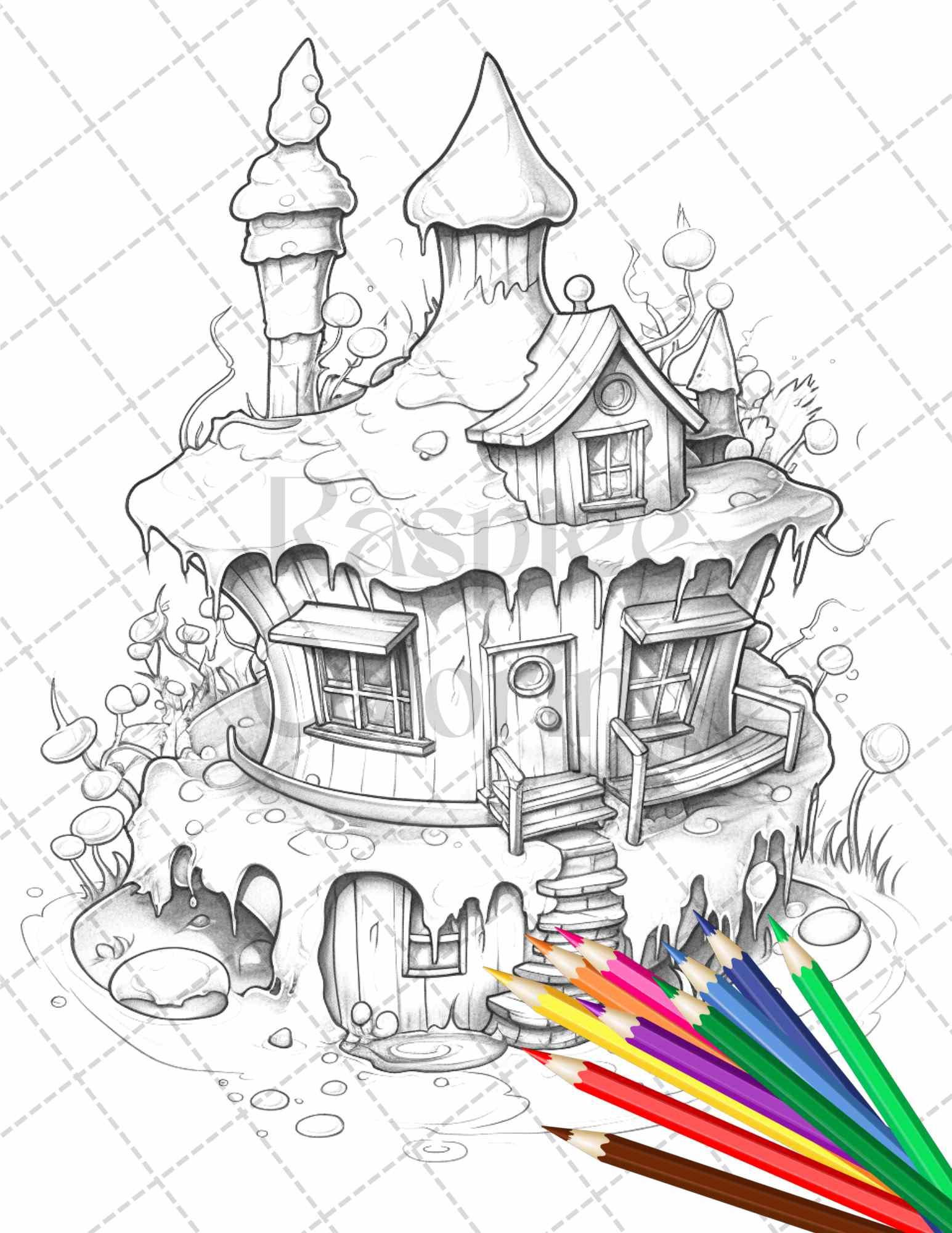 50 Adorable Cake Houses Grayscale Coloring Pages Printable for Adults and Kids, PDF File Instant Download