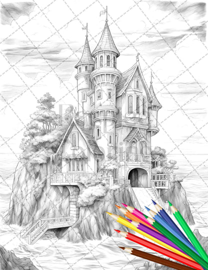 40 Creepy Gothic Houses Grayscale Coloring Pages Printable for Adults, PDF File Instant Download