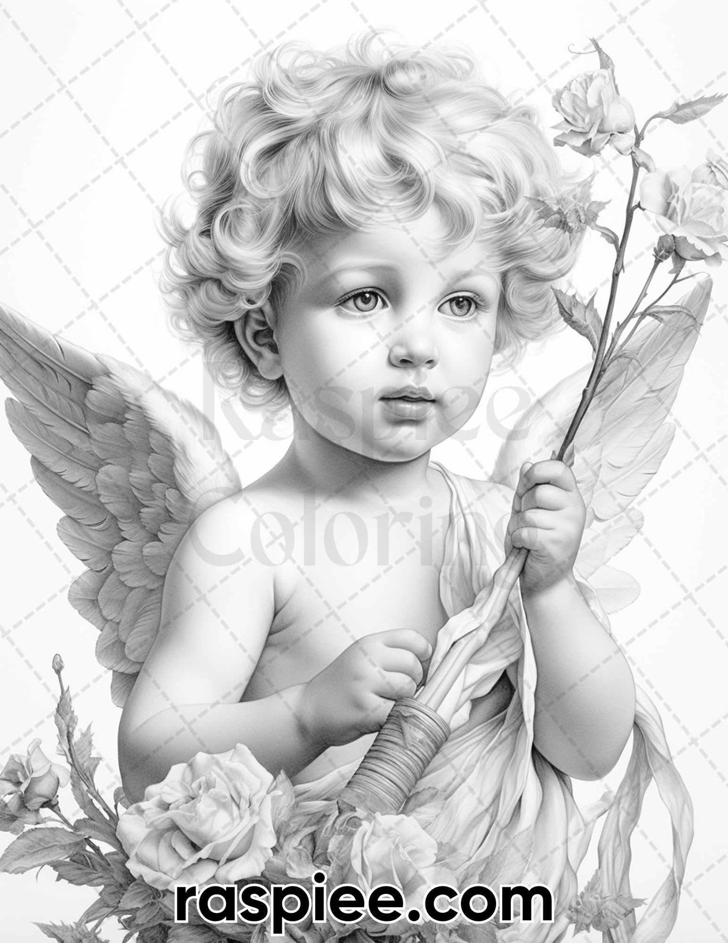 40 Valentine's Day Cupid Grayscale Adult Coloring Pages, Printable PDF Instant Download