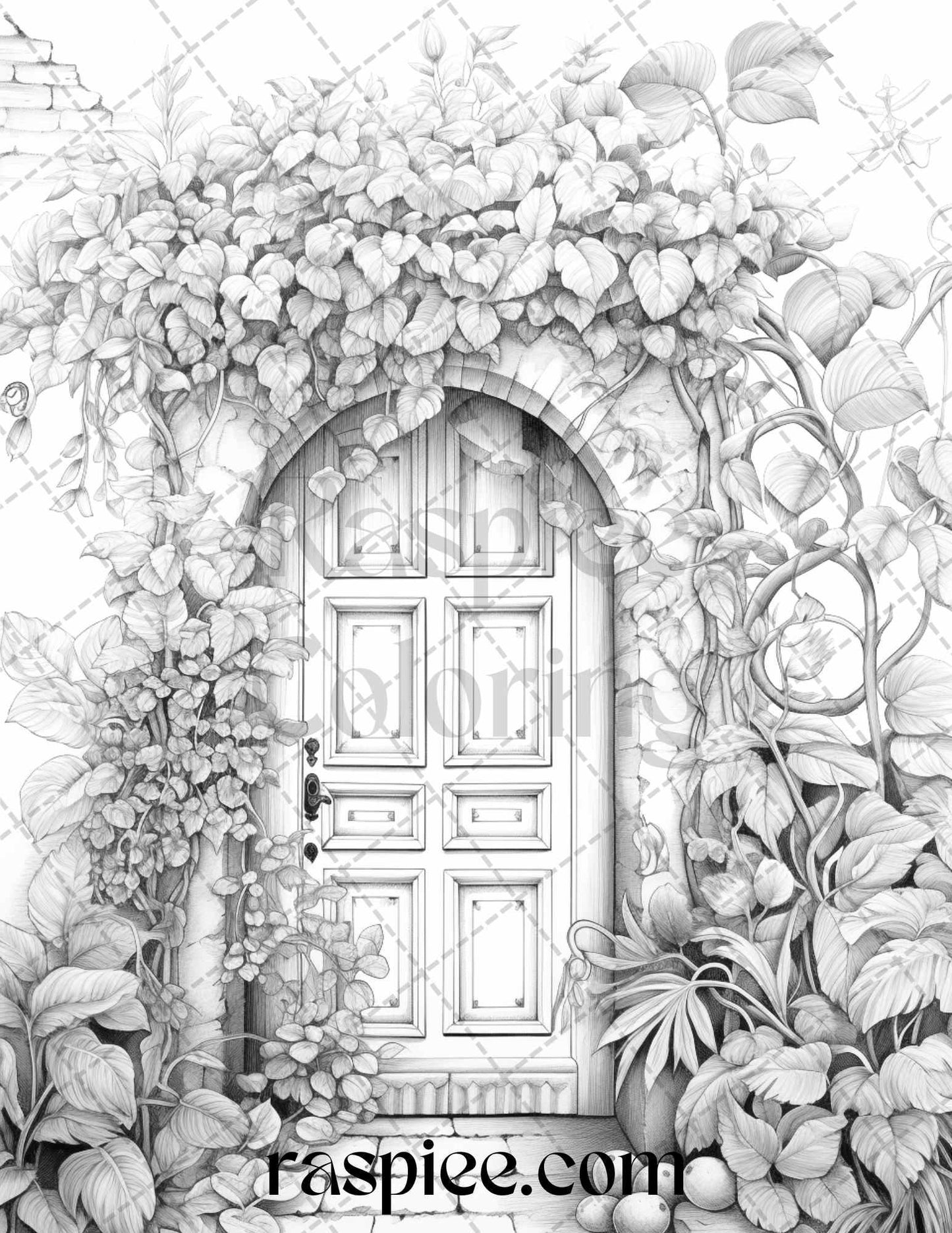 40 Flower Fairy Doors Grayscale Coloring Pages Printable for Adults, PDF File Instant Download