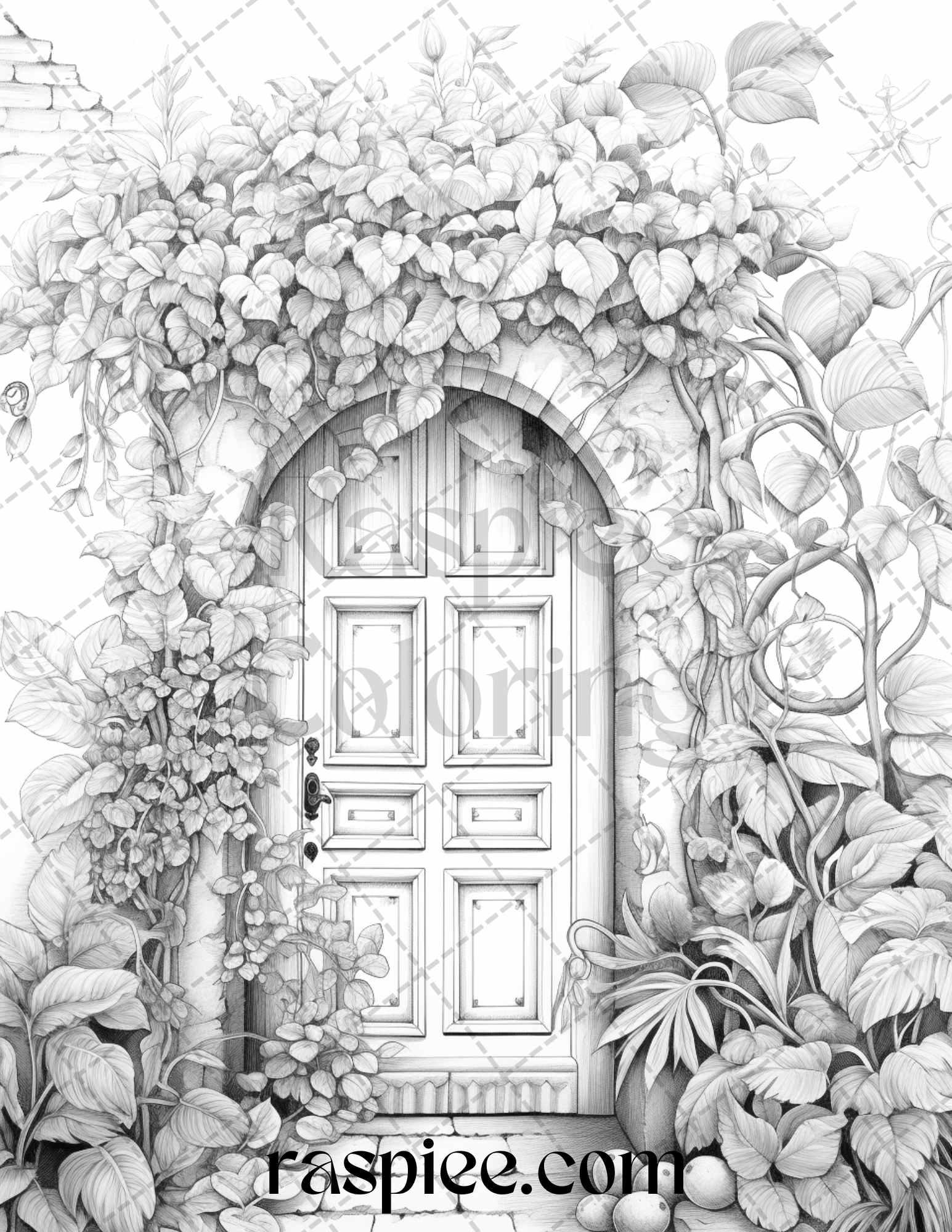 40 Flower Fairy Doors Grayscale Coloring Pages Printable for Adults, PDF File Instant Download