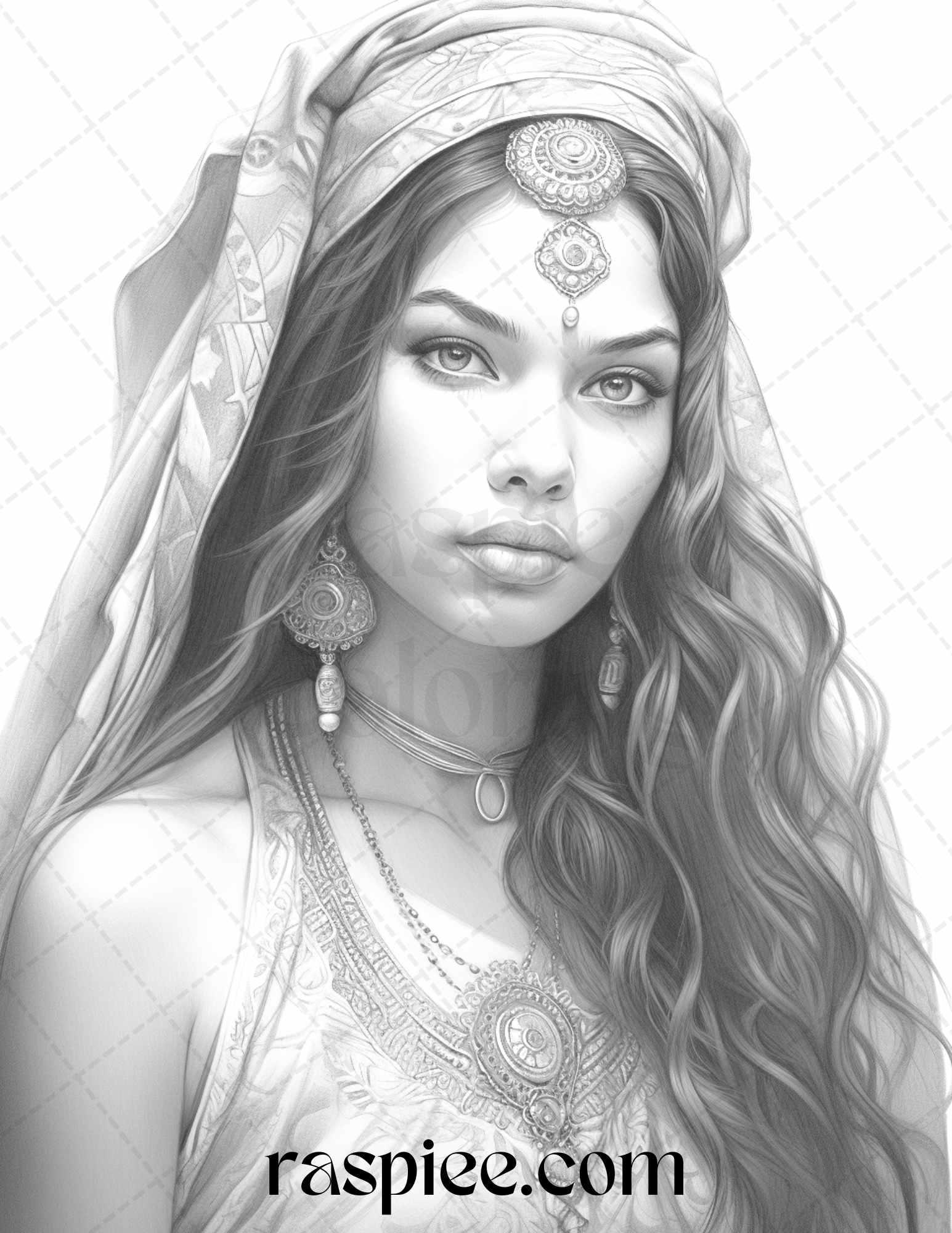 40 Beautiful Gypsy Girls Grayscale Coloring Pages Printable for Adults, PDF File Instant Download