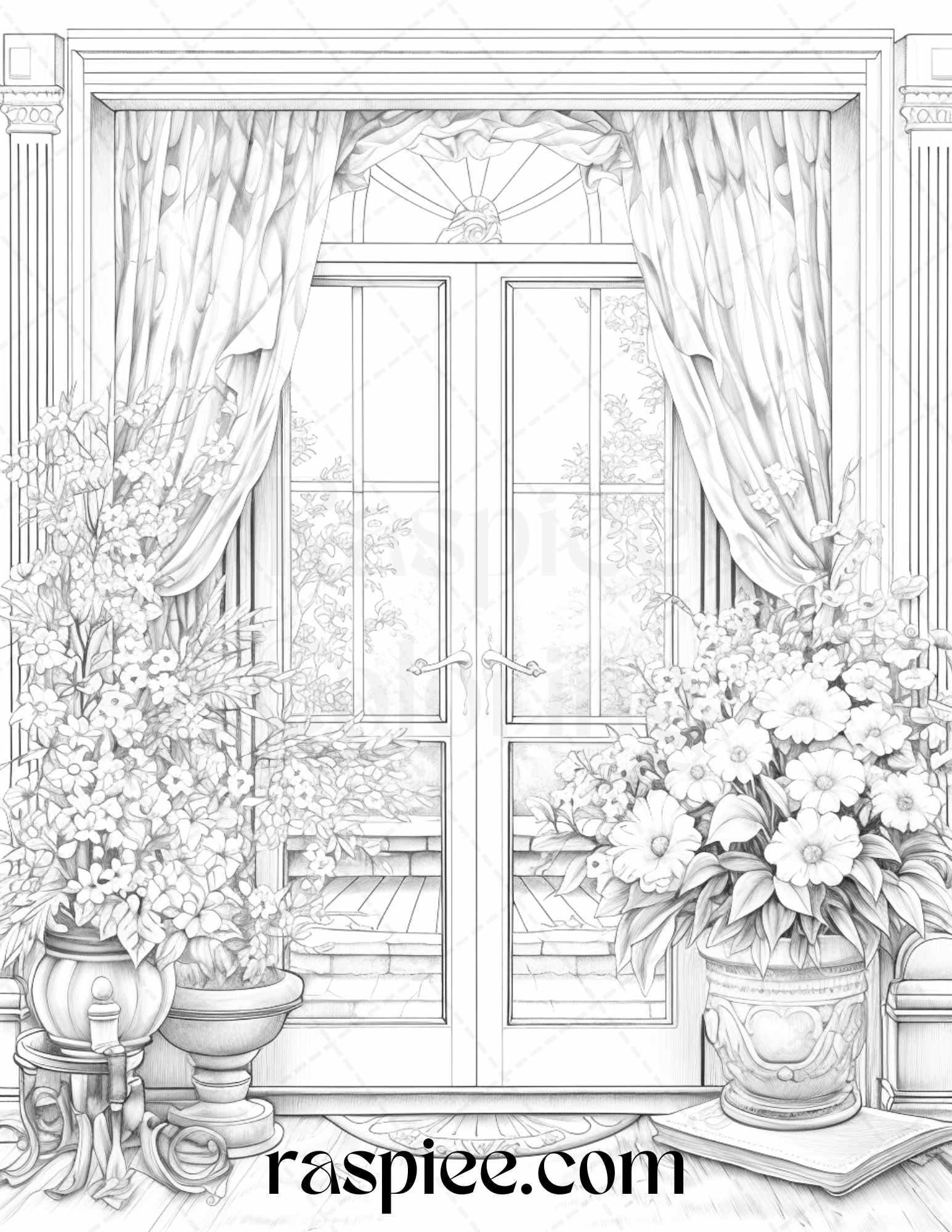 50 Blooming Windows Grayscale Coloring Pages Printable for Adults, PDF File Instant Download