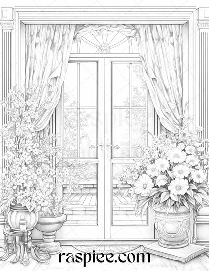 50 Blooming Windows Grayscale Coloring Pages Printable for Adults, PDF File Instant Download