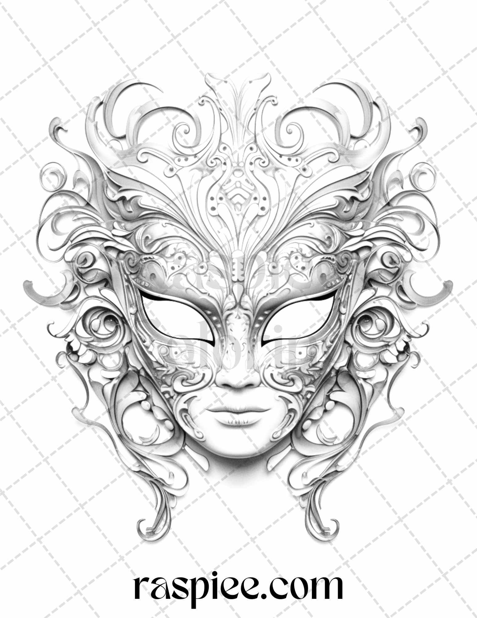 40 Masquerade Masks Grayscale Coloring Pages Printable for Adults, PDF File Instant Download