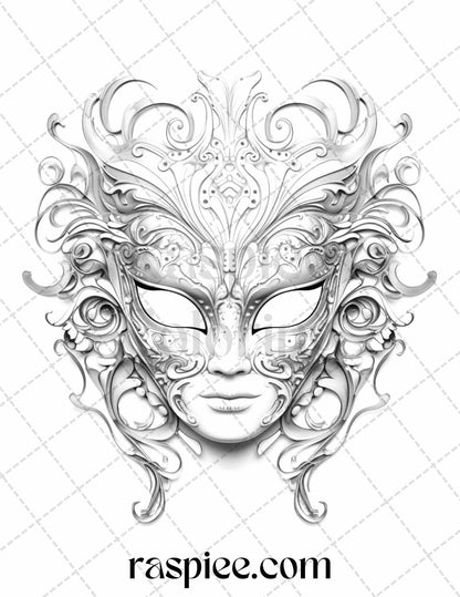 40 Masquerade Masks Grayscale Coloring Pages Printable for Adults, PDF File Instant Download