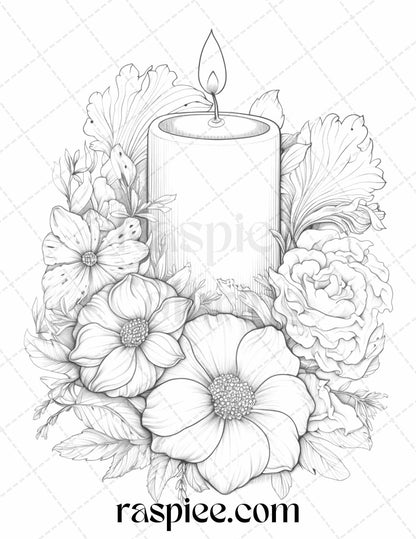 40 Flower Candles Grayscale Coloring Pages Printable for Adults, PDF File Instant Download