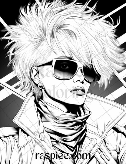 1980s New Wave Pop Star Grayscale Coloring Pages Printable for Adults, PDF File Instant Download