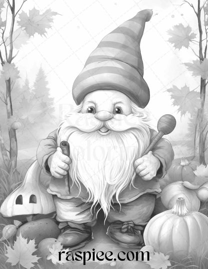 40 Fall Gnomes Grayscale Coloring Pages Printable for Adults Kids, PDF File Instant Download