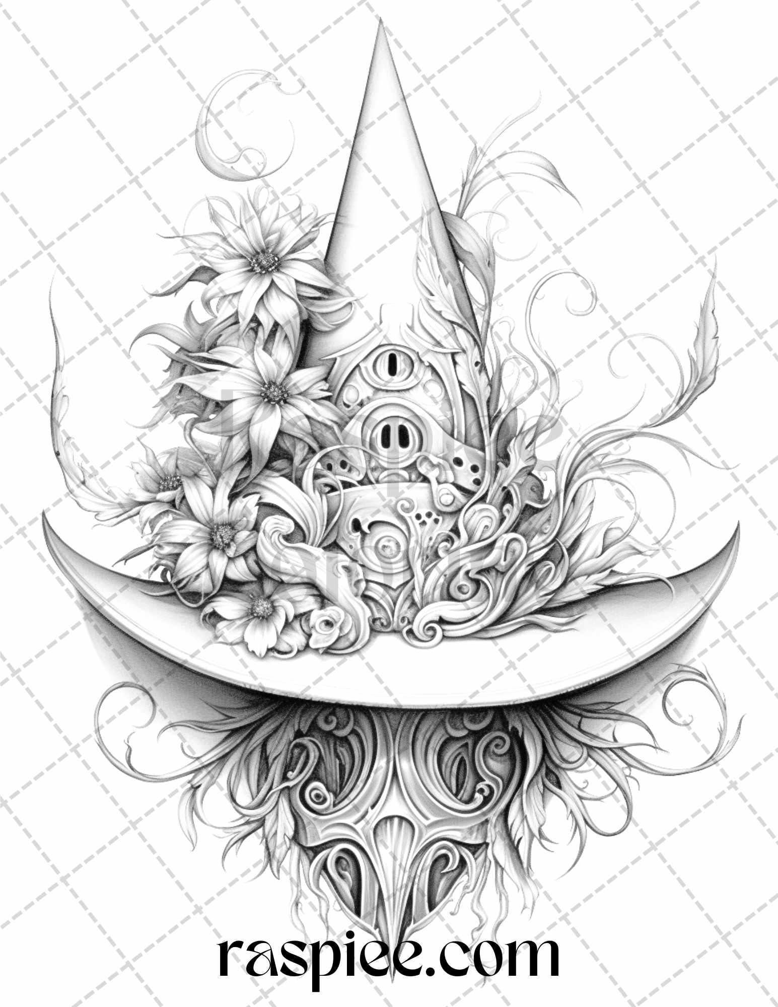 40 Witchy Wonders Grayscale Coloring Pages Printable for Adults, PDF File Instant Download