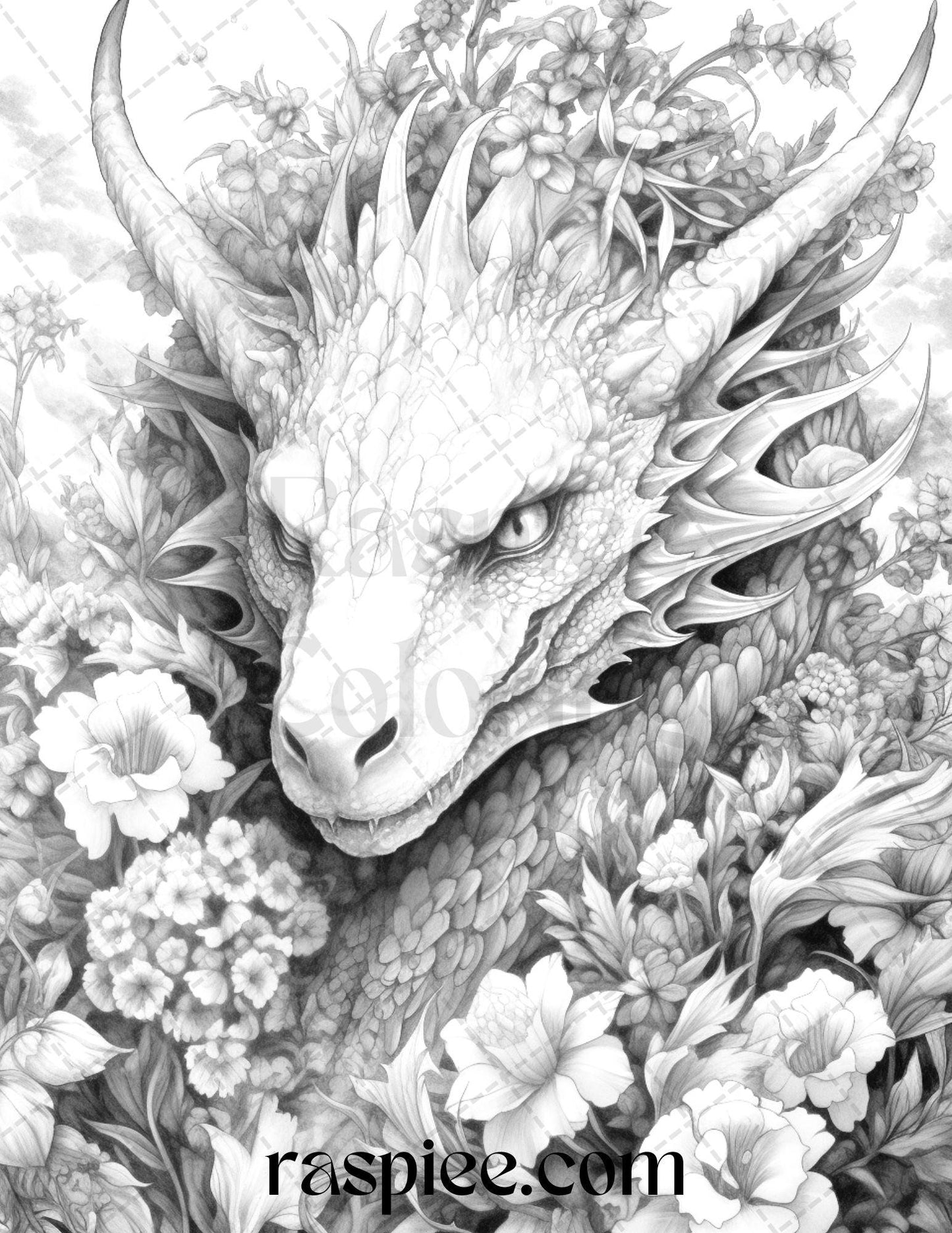 40 Flower Dragon Grayscale Coloring Pages Printable for Adults, PDF File Instant Download