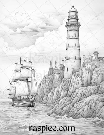 40 Majestic Lighthouses Grayscale Coloring Pages Printable for Adults, PDF File Instant Download