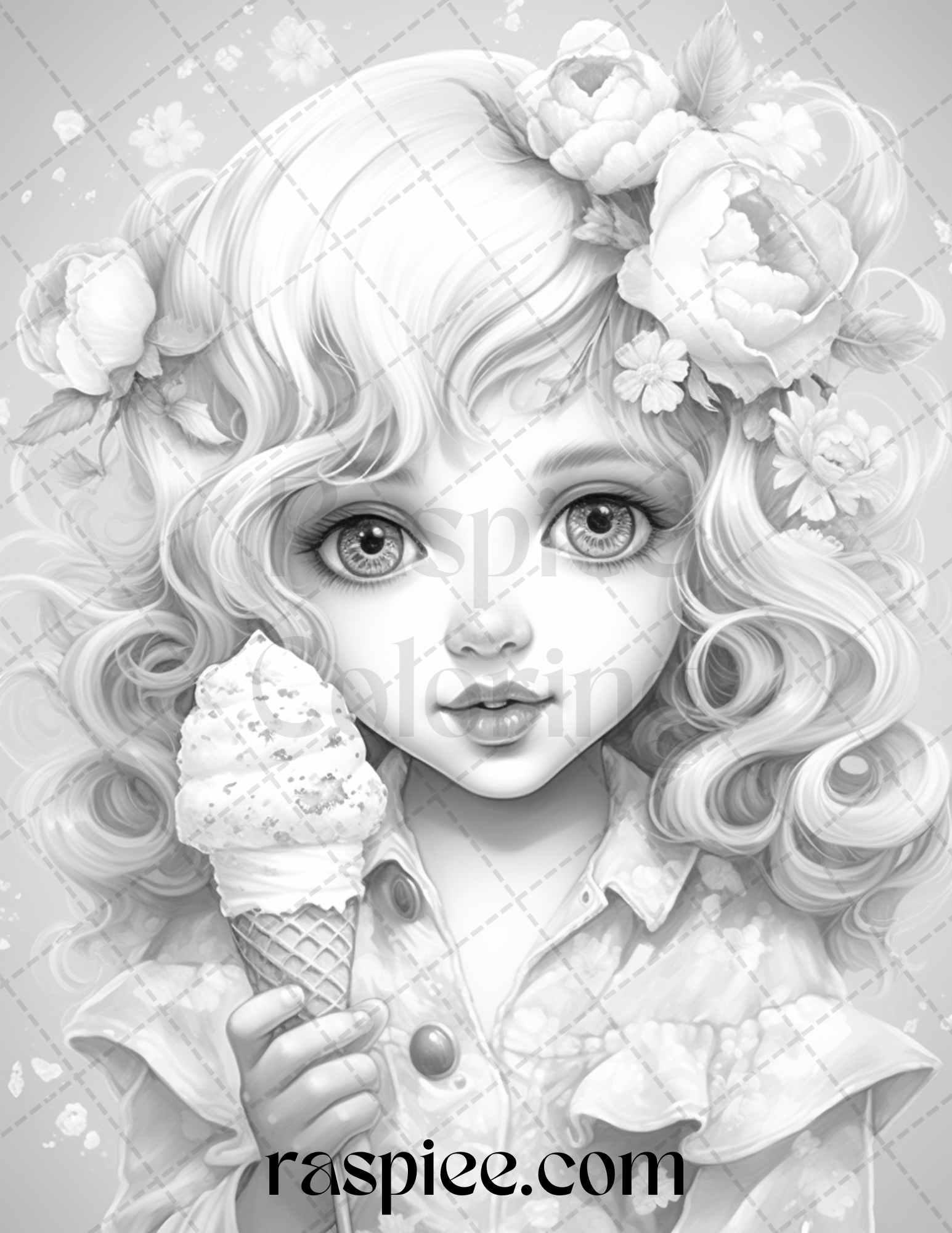 42 Adorable Girls with Ice Cream Grayscale Coloring Pages Printable for Adults Kids, PDF File Instant Download