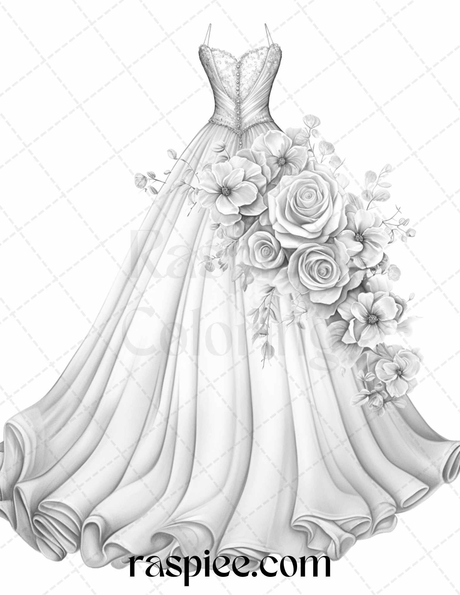 40 Elegant Floral Wedding Dresses Grayscale Coloring Pages Printable for Adults, PDF File Instant Download