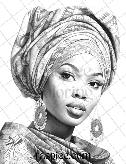 40 Beautiful African Women Grayscale Coloring Pages Printable for Adults, PDF File Instant Download