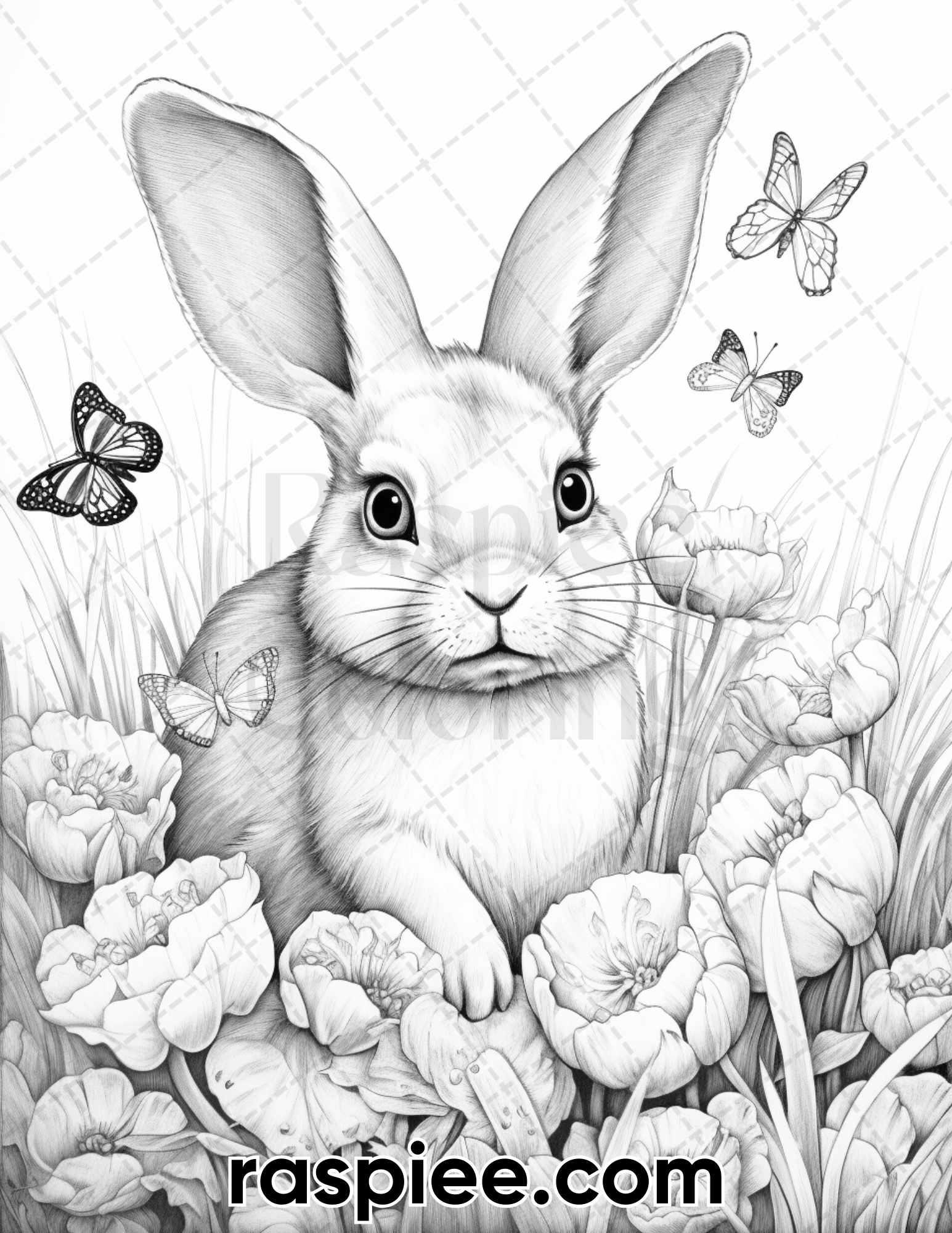 40 Easter Bunny Grayscale Adult Coloring Pages, Printable PDF Instant Download