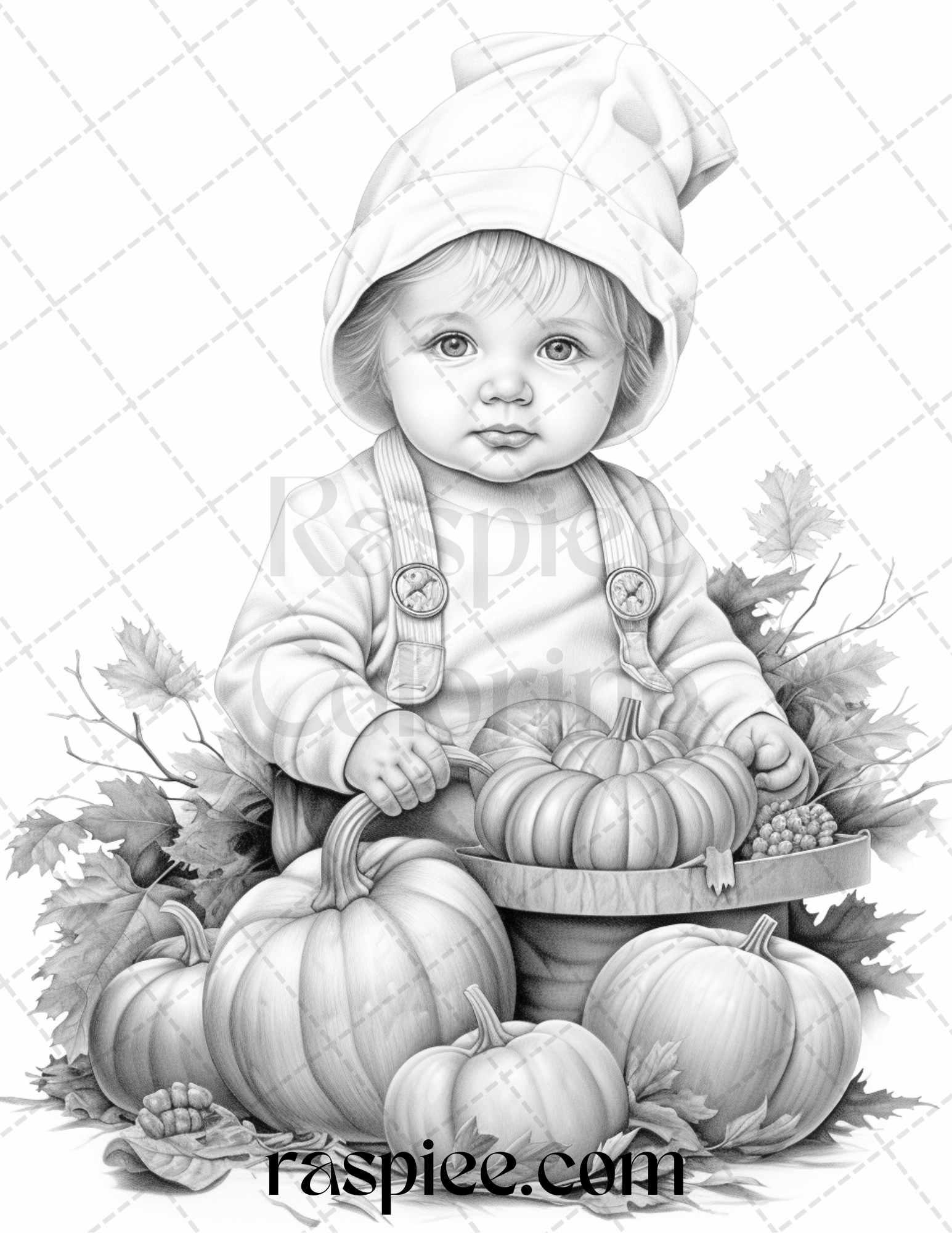 40 Pumpkin Babies Grayscale Coloring Pages for Adults and Kids, Printable PDF File Instant Download