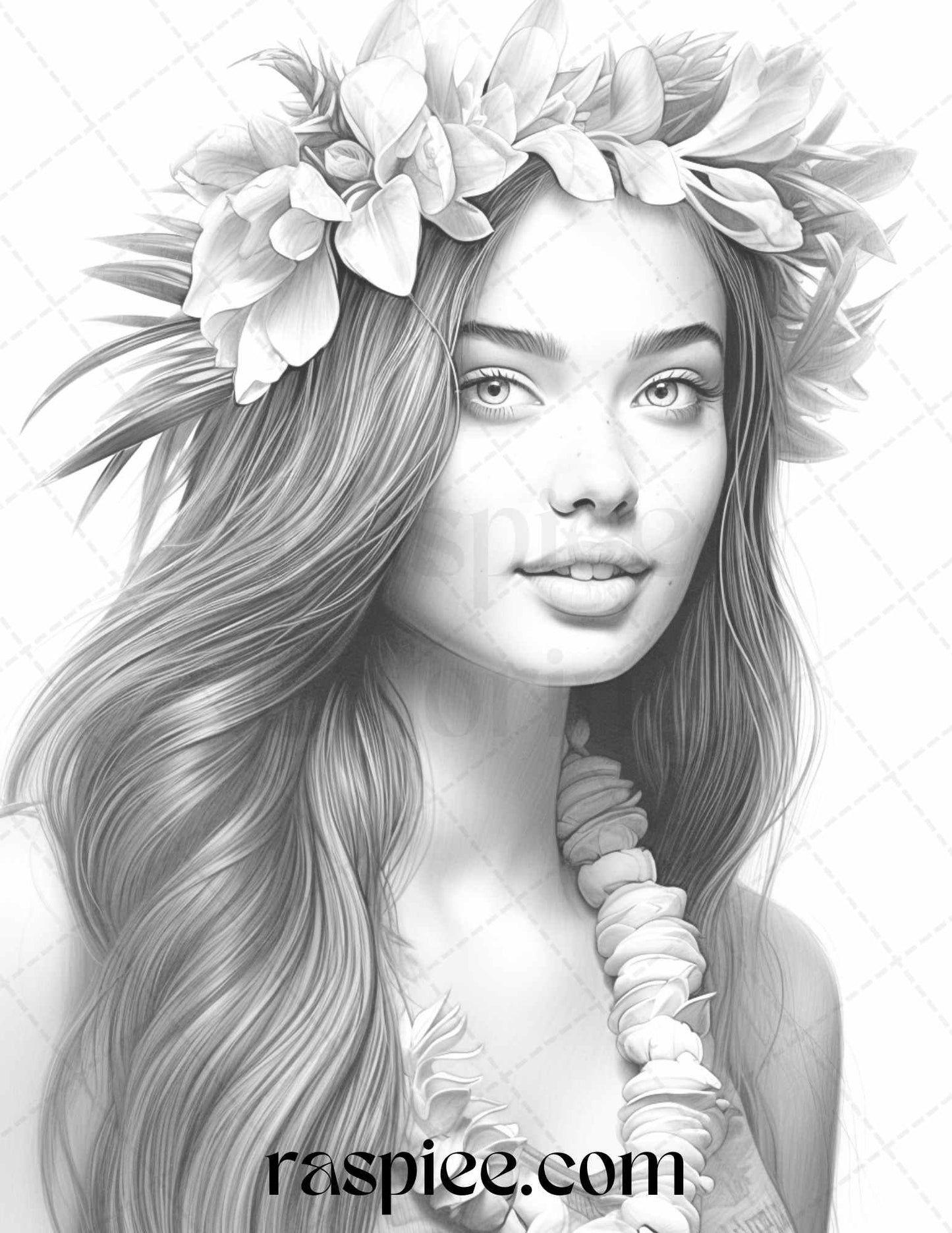 40 Hawaiian Girls Grayscale Coloring Pages Printable for Adults, PDF File Instant Download