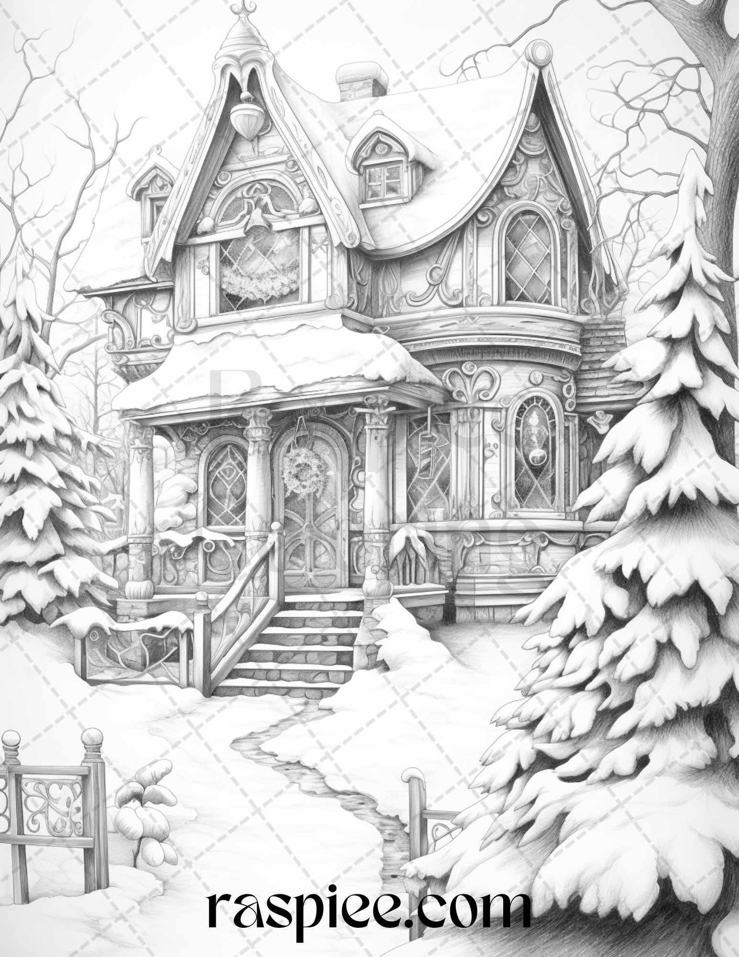 42 Fantasy Christmas Houses Grayscale Coloring Pages Printable for Adults, PDF File Instant Download