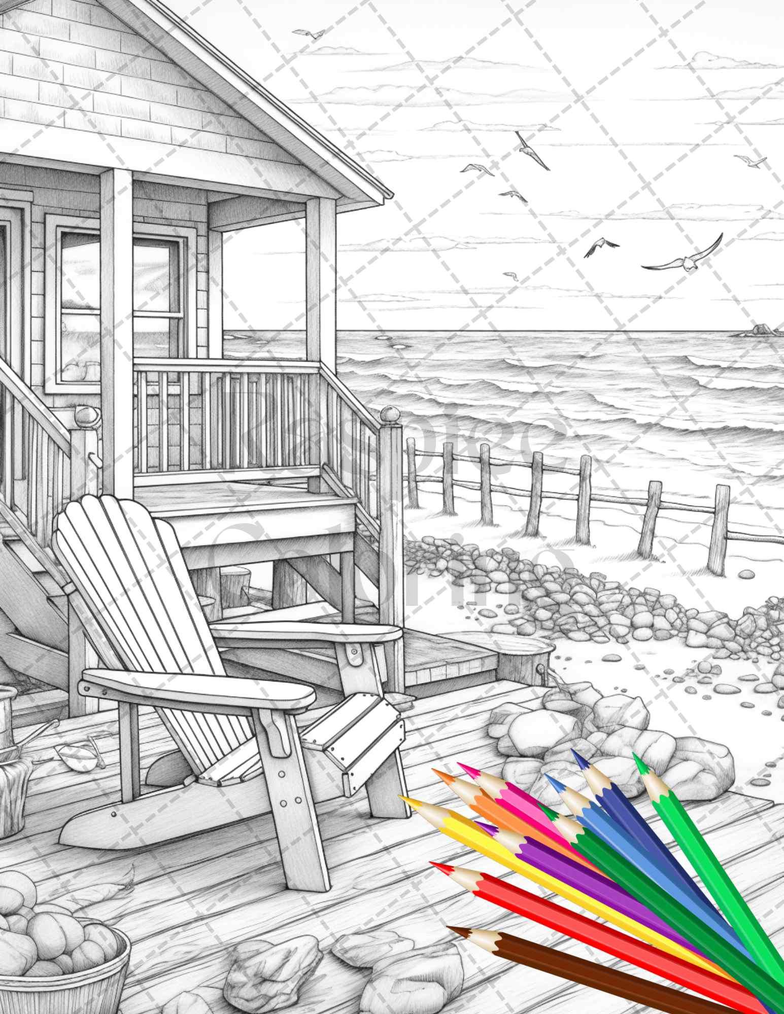 42 Wooden Beach Houses Grayscale Coloring Pages Printable for Adults, PDF File Instant Download