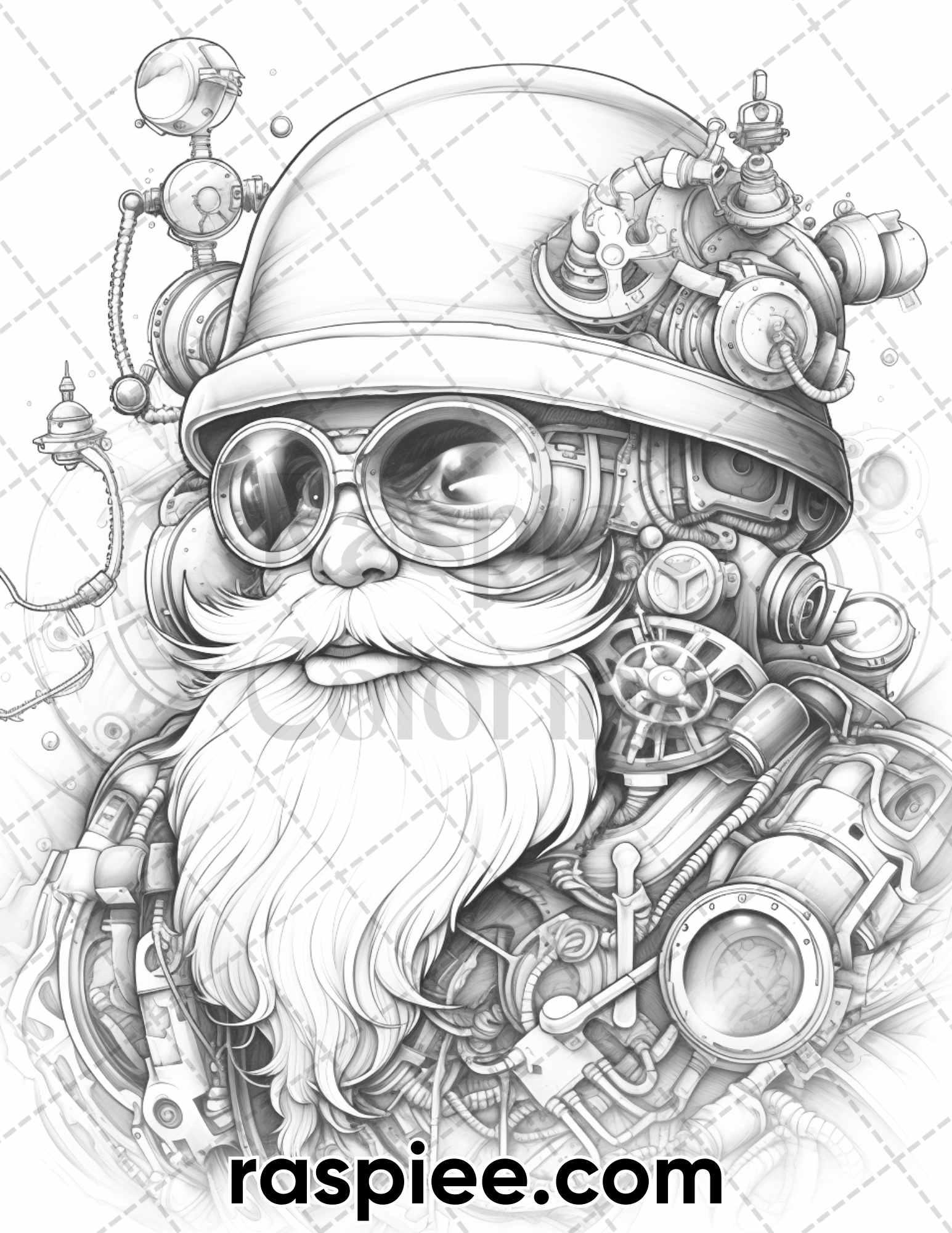 50 Steampunk Santa Claus Grayscale Coloring Pages for Adults, Printable PDF Instant Download