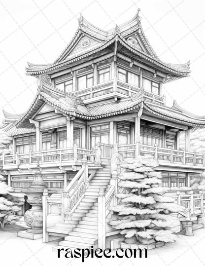 40 Traditional Chinese Houses Grayscale Coloring Pages Printable for Adults, PDF File Instant Download