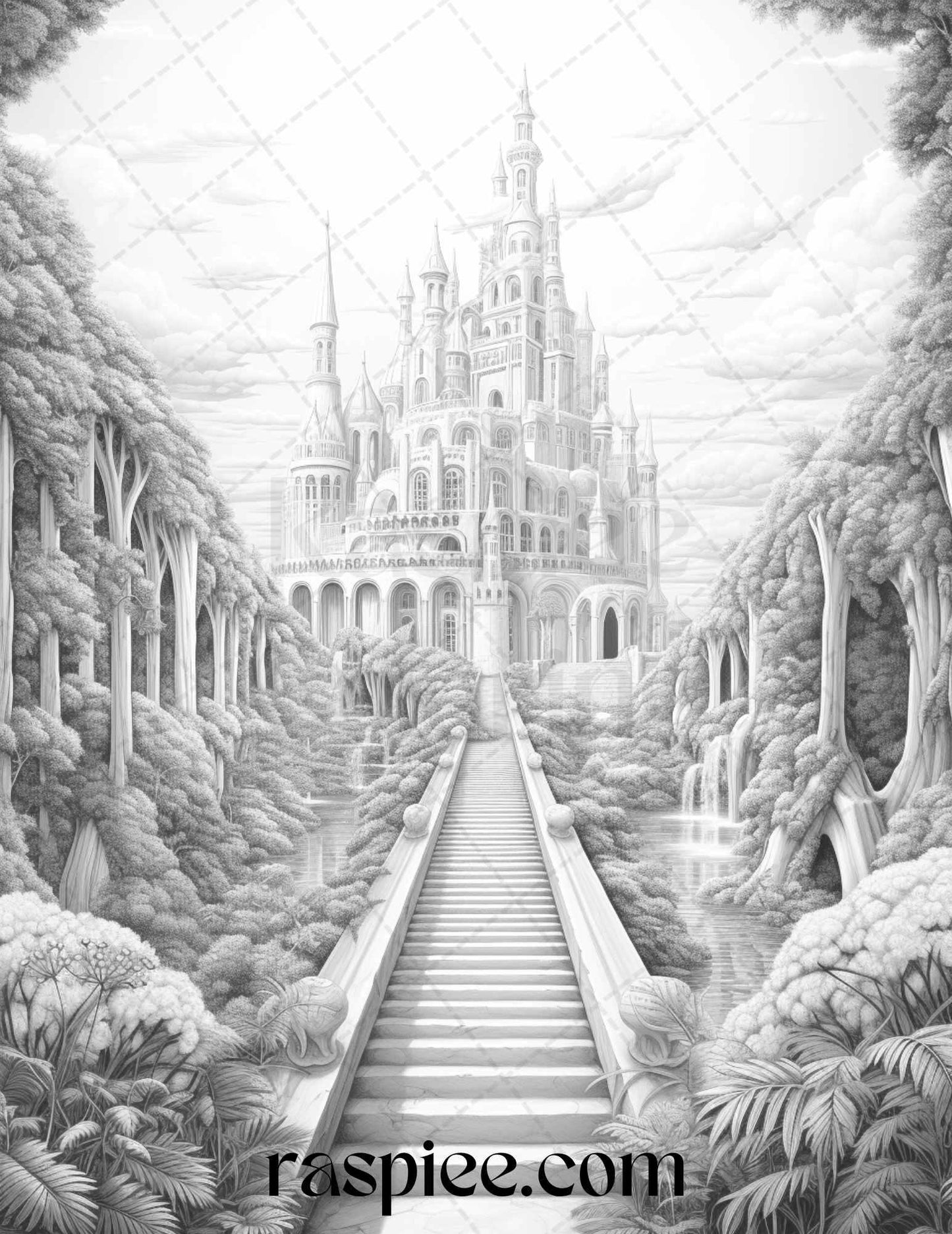 40 Fantasy Landscapes Grayscale Coloring Pages Printable for Adults, PDF File Instant Download