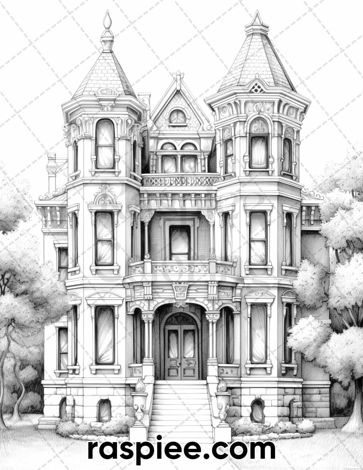 40 Victorian Mansions Grayscale Coloring Pages for Adults, Printable PDF Instant Download