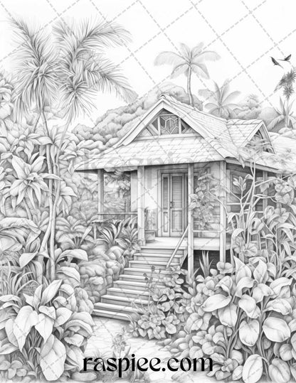 40 Hawaii Tiki Houses Grayscale Coloring Pages Printable for Adults, PDF File Instant Download