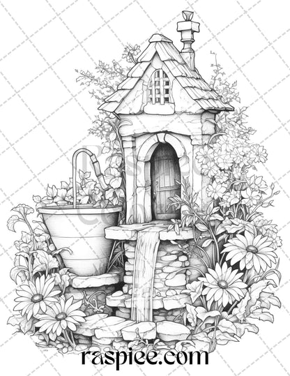 40 Whimsical Wishing Wells Grayscale Coloring Pages Printable for Adults, PDF File Instant Download