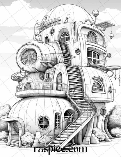 43 Futuristic Houses Grayscale Coloring Pages Printable for Adults, PDF File Instant Download