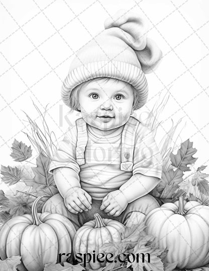 40 Pumpkin Babies Grayscale Coloring Pages for Adults and Kids, Printable PDF File Instant Download