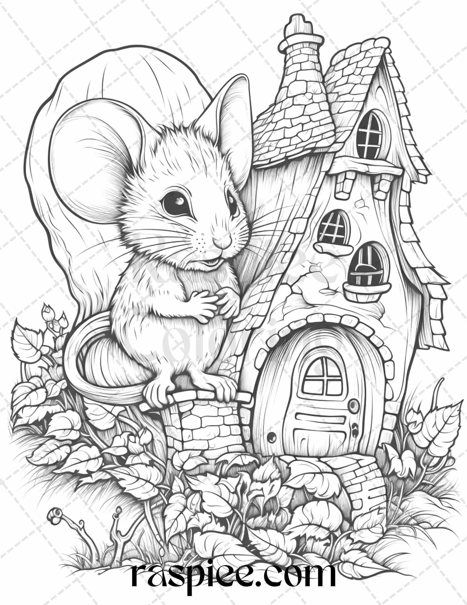 40 Magical Mouse Houses Grayscale Coloring Pages Printable for Adults, PDF File Instant Download