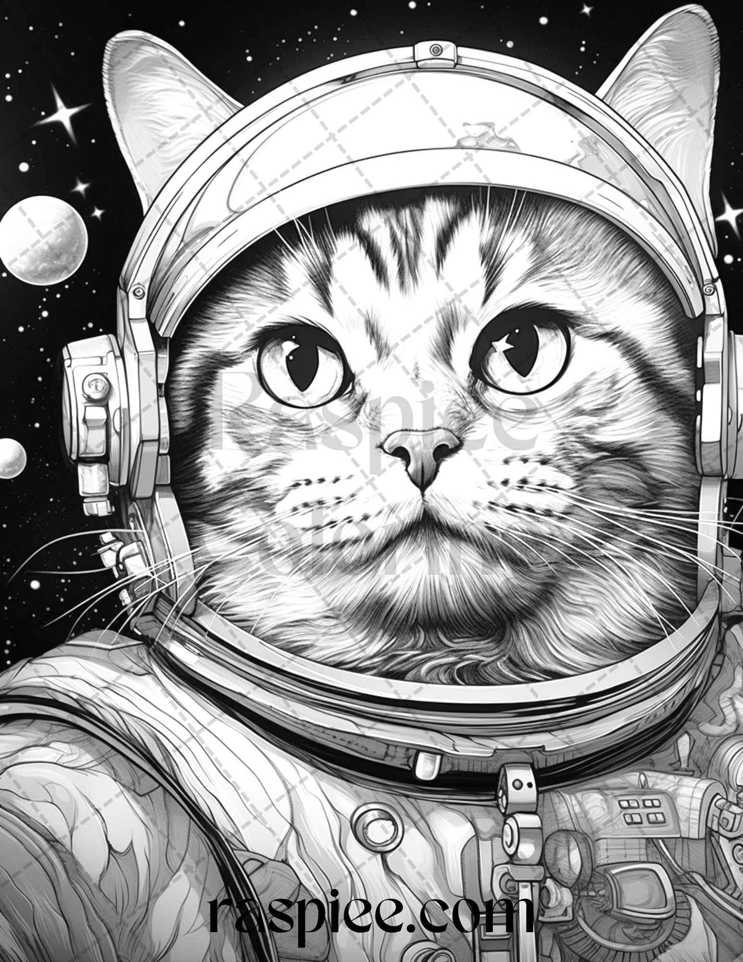 40 Cat Astronaut Grayscale Coloring Pages Printable for Adults Kids, PDF File Instant Download