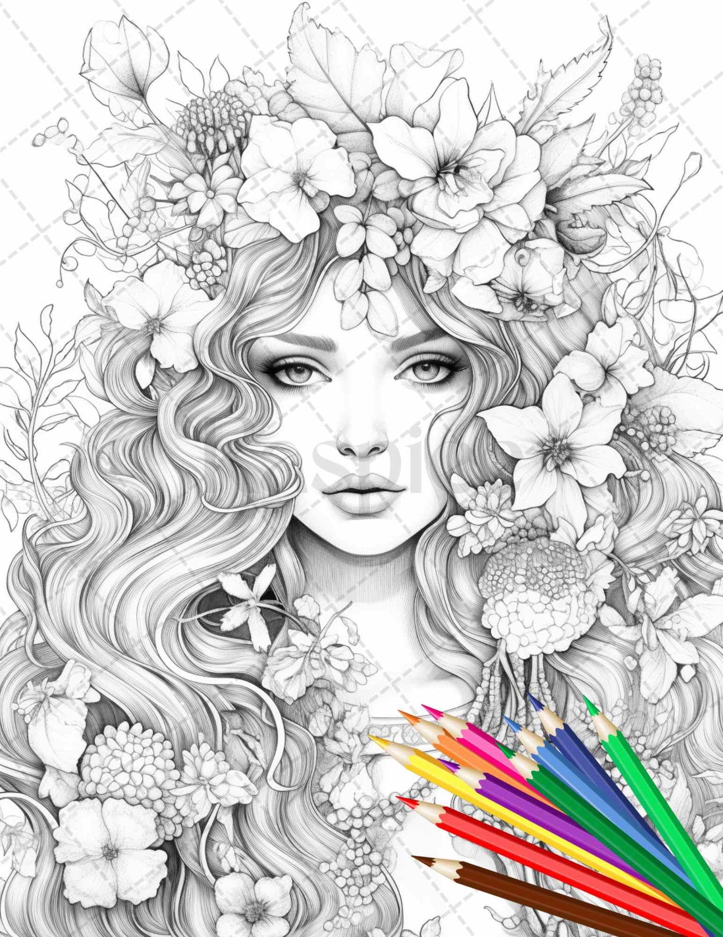 38 Flower Goddess Coloring Pages Printable for Adults, Grayscale Coloring Page, PDF File Instant Download